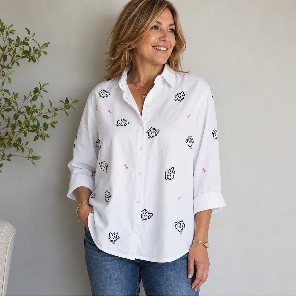 Casey Coleman Women’s XL White Dog Print Button Up Shirt 100% Cotton Cute EUC